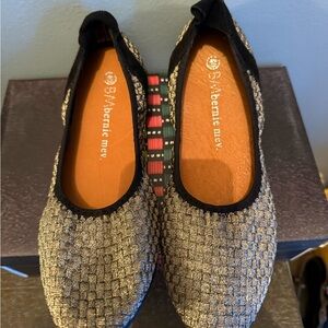 bernie mev. Gold Woven Ballet Flats with Black Trim